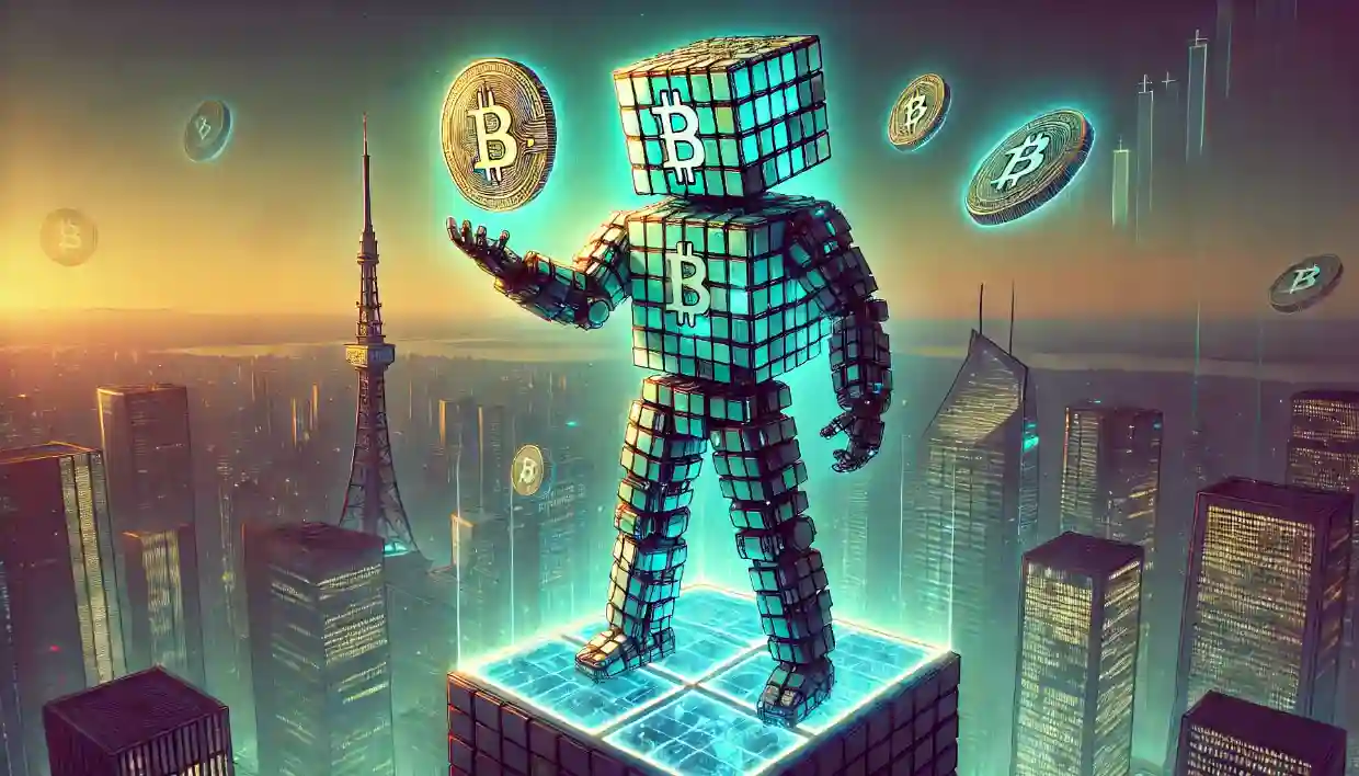 Robot weighs Bitcoin cubes against shares showing crypto treasury balance