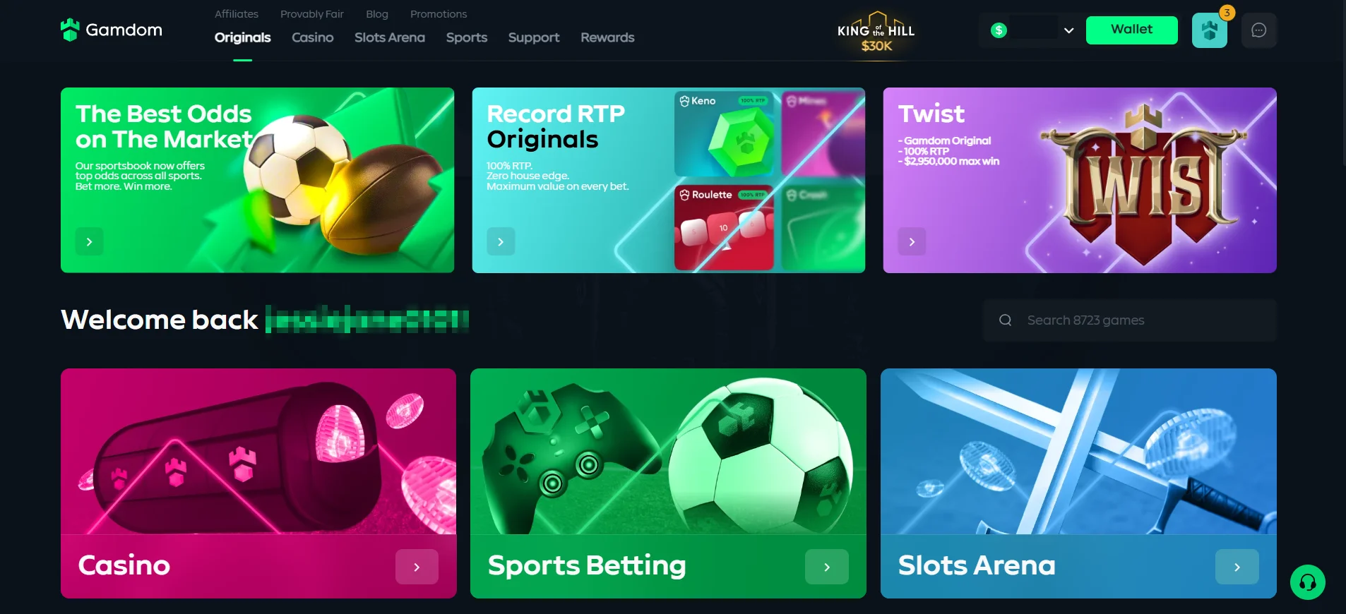 gamdom homepage after logging in