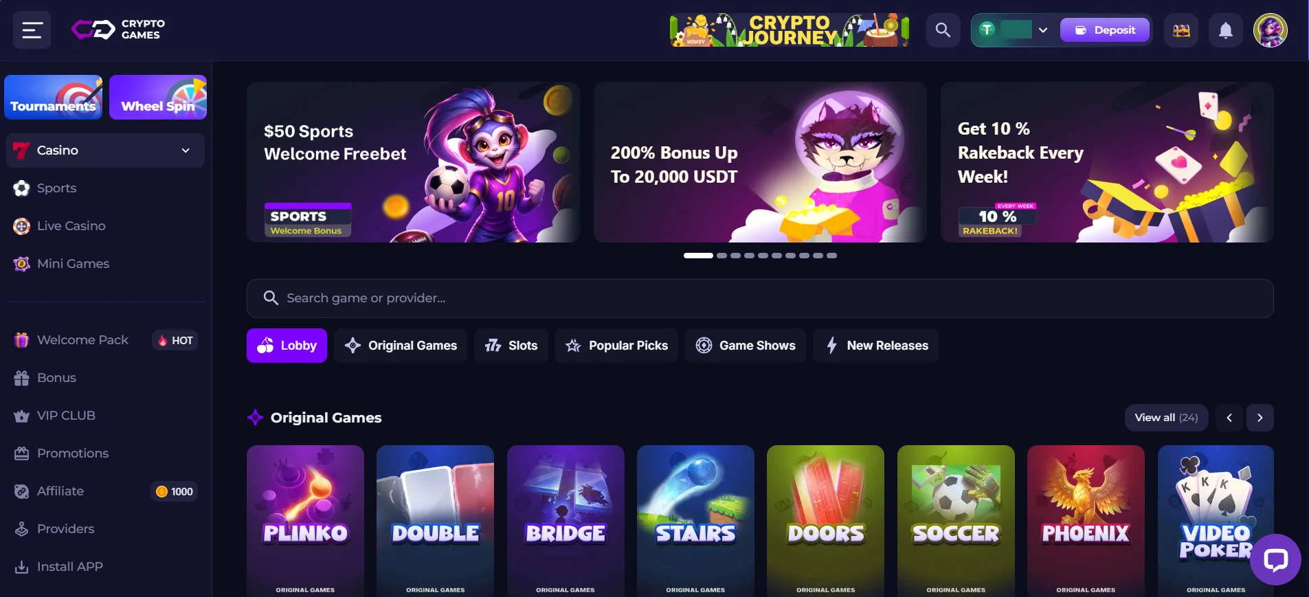 Crypto-Games homepage after logging in