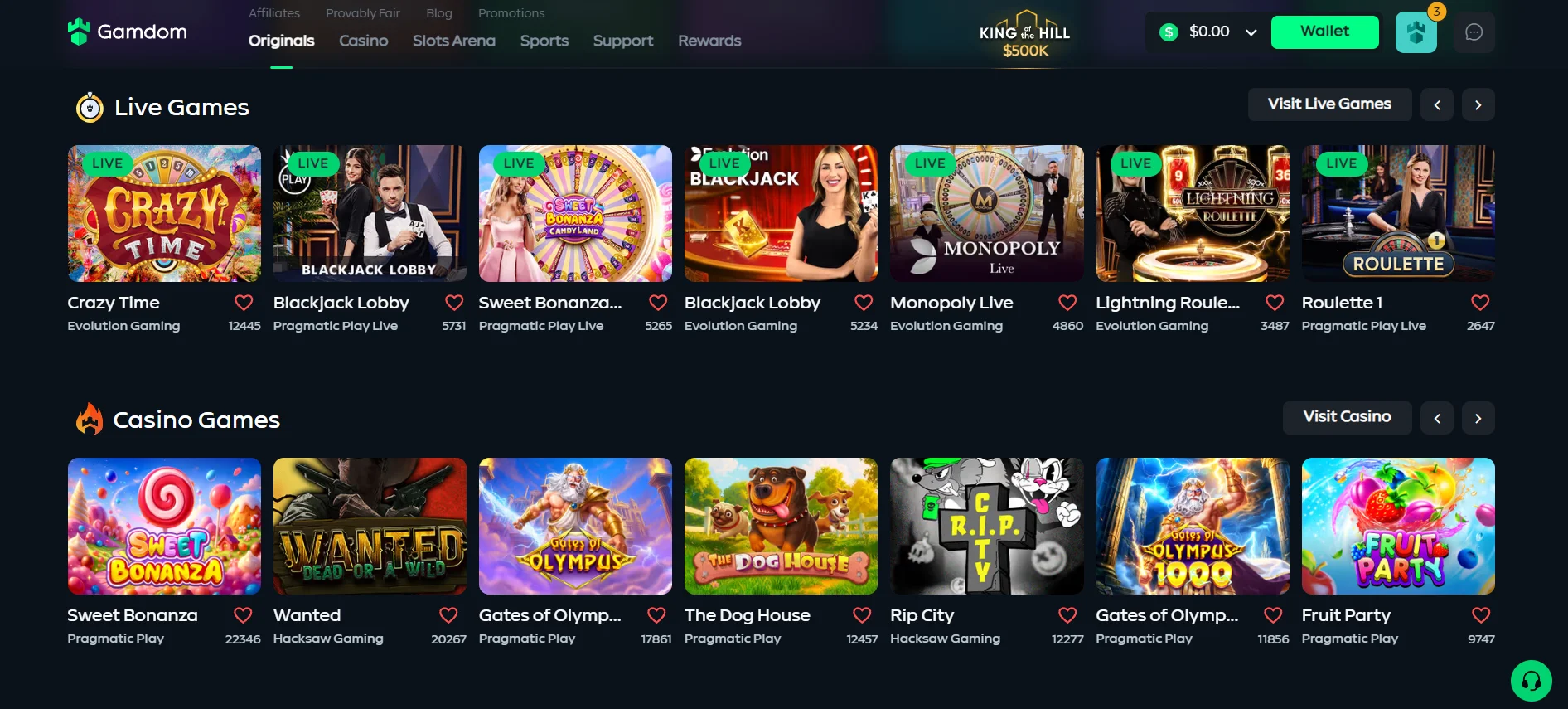 gamdom game list on login UI