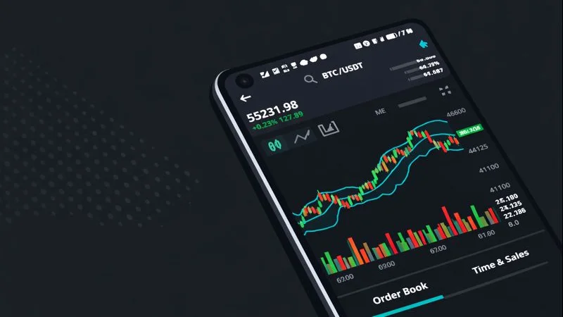 Smartphone displaying Bitcoin price chart on dark background