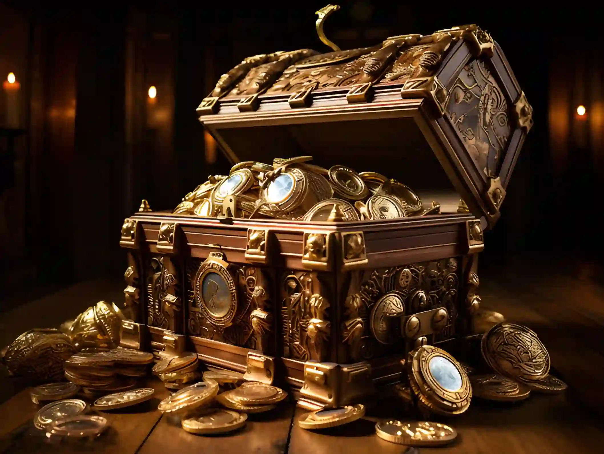 Treasure chest filled with coins stamped with cryptography synonym.webp